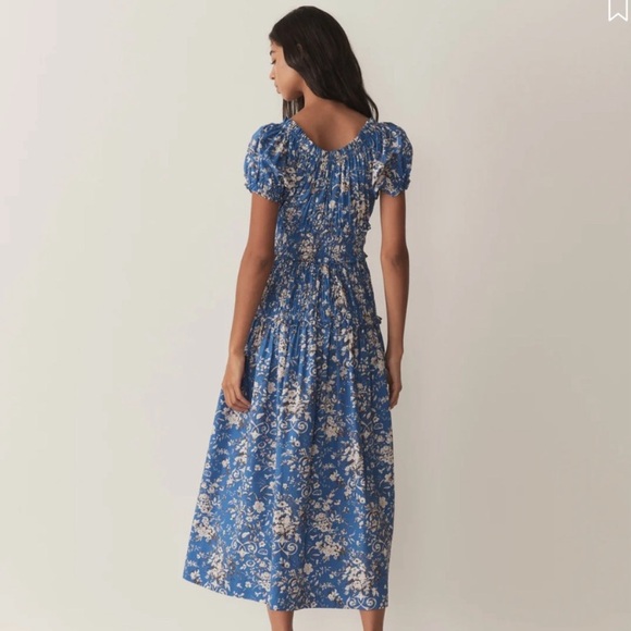 Doen Leanne Cotton Shirred Smocked Midi Maxi Dress Jardins De La Fontaine Blue - Picture 5 of 12